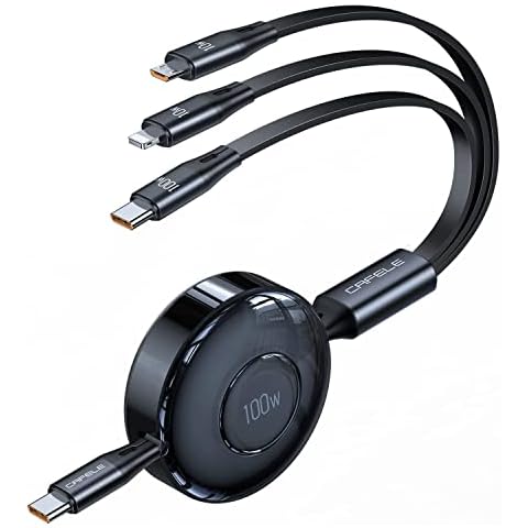 CAFELE [2023 Upgraded Retractable] USB C Cable 100W Super Fast Charging Cable, 3 in 1 Retractable Charging Cable Multi Charging Cable with Type C/Micro USB for Laptop/Tablets/Phone 14 13/Galaxy(4ft) Cover