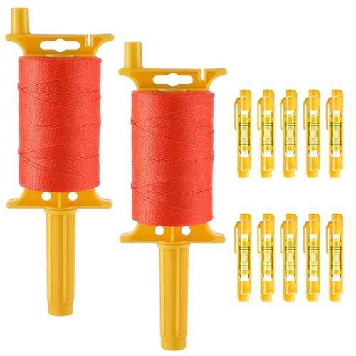 2 Pack Mason String Line Reel for Construction, Twisted 540 FT #18 Braided Nylon String with 10 Mason Line Level, High Visibility Braided Nylon Twine for Masonry Tools, Gardening, DIY(Orange)