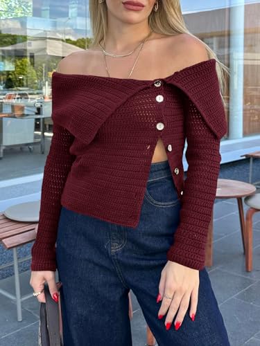 Saodimallsu Womens Off The Shoulder Sweater Long Sleeve Y2k Button Trendy Knitted Asymmetric Crop Tops4