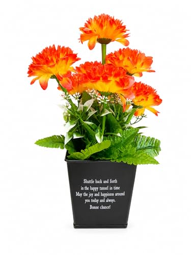 Image of Artificial Flower Pot with Orange Chrysanthemum, Lush Greenery, Inspirational Printed Black Pot, 30cm Height