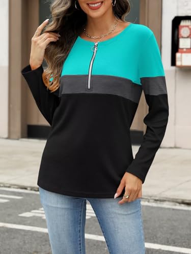 ORANDESIGNE Women's Long Sleeve Shirts Color Block Zipper Tops Tunics Casual Fall Ladies Tees4
