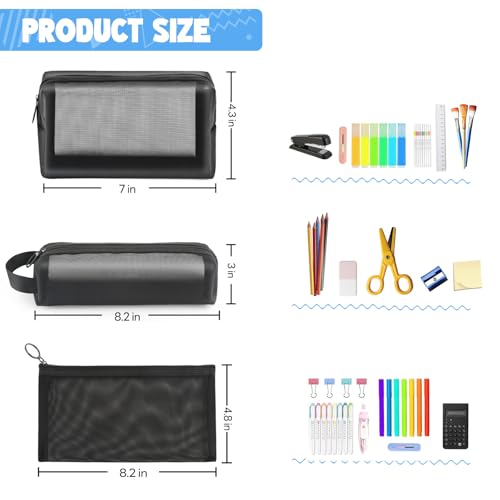 Image of Mesh Pencil Case 3 Pack Clear Pencil Pouch, Pencil Bag, Cosmetic Toiletry Bag for Purse, College Essentials School Supplies (Black)