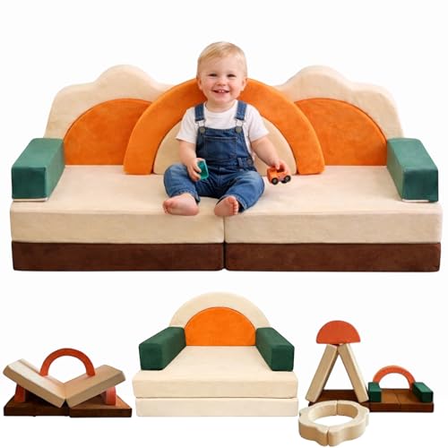 11-teiliges Kindersofa klappbar – Spielsofa modular ab 1 Jahr | Montessori Sofa in Grün & Orange | Bodensofa & Schlafsessel für Kinder