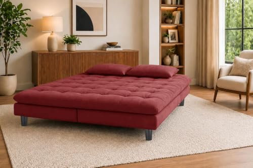 Image of 3 Seater Velvet Sofa Cum Bed, Tufted Convertible Sleeper Couch, Space-Saving Design Comfortable Cushioned Seating - Red Color