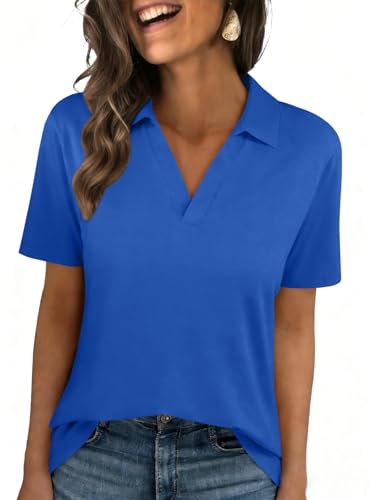 UNCLECAT V Neck Polo Shirts for Womens - Summer 2026 Short Sleeve Collared Tops Business Casual Blouses, Royal Blue, Large