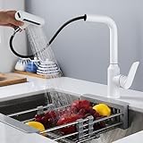 Weiße ausziehbare Küchenarmaturen – 360° schwenkbare Edelstahl-Spültischarmatur mit hohem Bogenauslauf