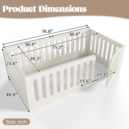 Image of Bellemave Twin Montessori Floor Bed Frame,Beige | Solid wood kids montessori floor bed with high safety fence & door, low to ground design for girls and boys