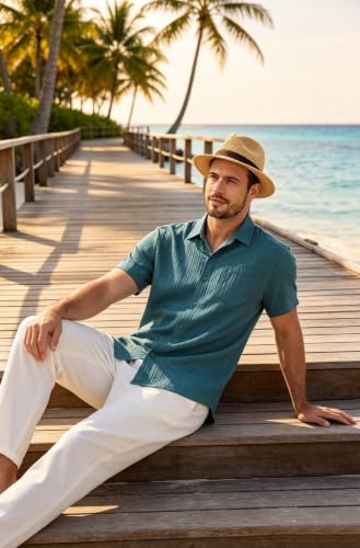 Zyvrenix Mens Short Sleeve Button Down Textured Shirts Peacock Green M - image 3