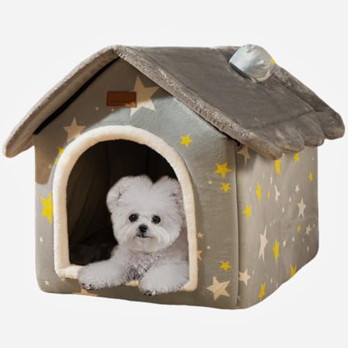 SEAHOME Foldable Dog House Kennel Bed Mat for Indoor Pets,Enclosed Warm Plush Sleeping Nest Bed with Removable Cushion,Covered Small Pet Condos Indoor Cat Hideaway (L, Grey)