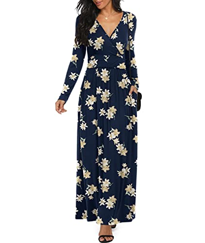 Image of LILBETTER Women Long Sleeve Deep V Neck Loose Plain Long Maxi Casual Dress