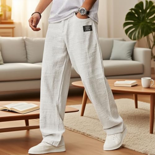 Cocoparo Mens Pants, Cocoparo Mens Casual Hemp Fabric Pants, Drawstring Loose Elastic Waist Pocket Trousers3