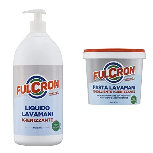 Fulcron Liquido Lavamani 1 Lt, Sapone Liquido Lavamani Sgrassante E Detergente, Alto Potere Pulente & Pasta lavamani 750 ml, Lavamani emolliente e detergente