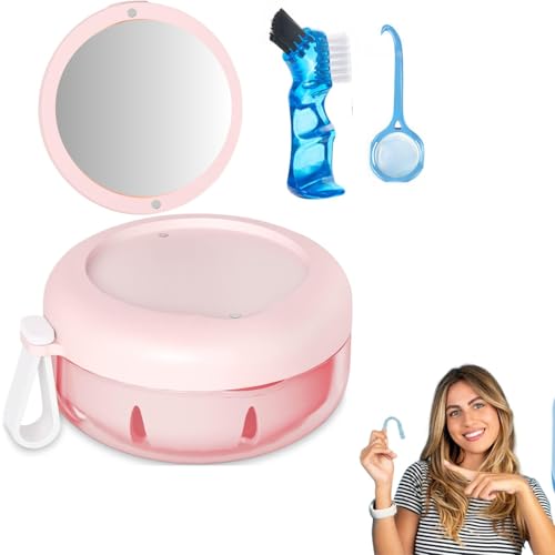 Caja Férula Dental Rosa con Espejo – Estuche Hermético con Cesta Escurridora + Cepillo + Gancho – Aptas para Férulas, Prótesis, Alineadores, Protectores y Ortodoncia – 8×4 cm – Rosa Pastel