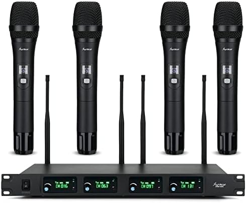 Asmuse Wireless Microphone System,4-Channel UHF Metal Cordless Wireless Mic, Fixed Frequency,4 Handheld Dynamic Microphones, Microphone for Party/Wedding/Speech/Church/Stage/Karaoke/DJ(MF-4400)
