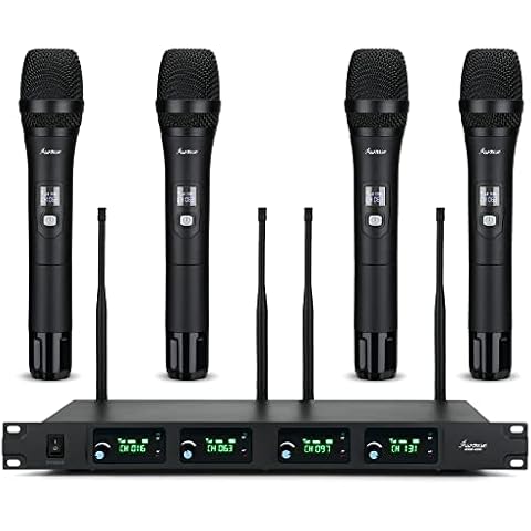 Asmuse Wireless Microphone System,4-Channel UHF Metal Cordless Wireless Mic, Fixed Frequency,4 Handheld Dynamic Microphones, Microphone for Party/Wedding/Speech/Church/Stage/Karaoke/DJ(MF-4400) Cover