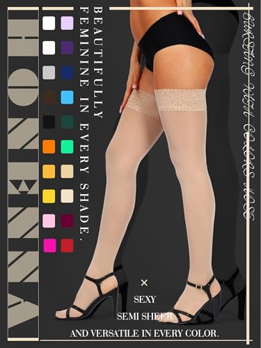 Image of HONENNA Semi Sheer Stay Up Lingerie Thigh High Stockings Lace Top Size A-F