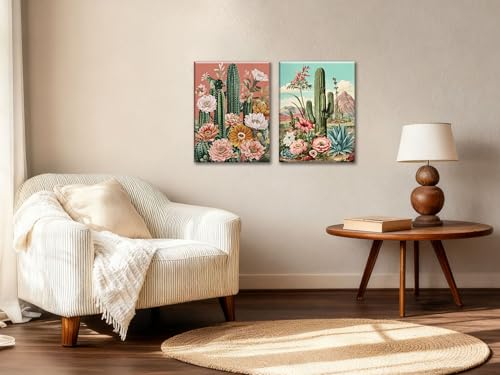 Image of Frimeeme Framed Cactus Wall Art Set of 2,12x16 inch | Vintage Cactus Desert Floral Wall Decor Paintings for Living Room Bedroom Bathroom