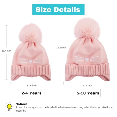 Image of Kids Beanie with Ear Flaps for Boys Girls Cat Knit Hats Fleece Lining Winter Outdoor Skull Snow Ski Cap Age 2-10