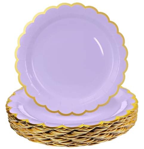 Image of HEIPINIUYE 50 Pieces Lavender Paper Plates with Gold Foil 7 Inch Disposable Light Purple Scalloped Dinner Plates for Wedding Baby Shower Birthday Party Dessert Plate