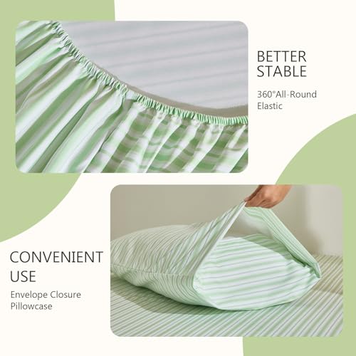 Image of MCO 4Pieces Striped Sheets Set, Breathable King Sheet Set with 16 inch Deep Pocket,Modern & Luxury, Brushed Microfiber Bedding Set(King, Green)