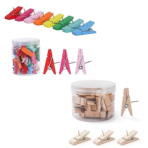 50pcs Cute Colorful Push Pin Clips and 30pcs Wooden Push Pin Clips
