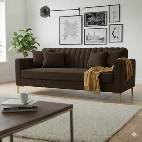 Image of 3 Seater Velum Fabric Sofa Set for Living Room, Modern Design with High Density Foam, Solid Wood Frame, Ergonomic Comfortable Seating for Home & Office (Dark Brown, 3 Seater) | Soft foam comfort, Strong wood frame