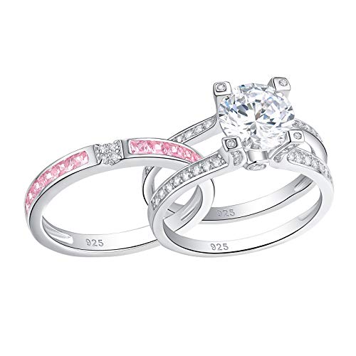 Newshe Jewellery Round Pink Cz 925 Sterling Silver Wedding Band Engagement Ring Sets Size 11