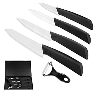 Ballery Set di coltelli in ceramica, 4 Coltelli Ceramica e 1 Pelapatate (6'' Coltello da Cucina, 5'' Coltello Multiuso, 4'' Frutta, 3'' Sbucciatura) affilato e leggero - bianca