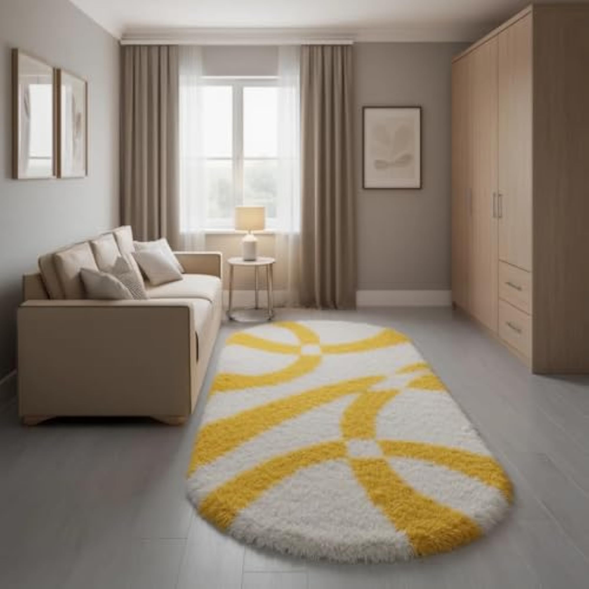 Oval Soft Shaggy Carpet Runner, Yellow and White Geometric Lines