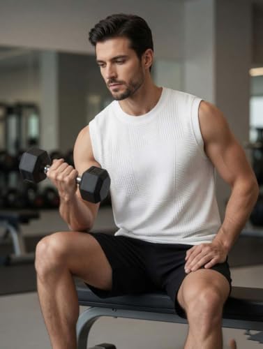 Image of GRECIILOOKS Sleeveless T Shirts for Men | Round Neck Textured Tshirt for Men in Premium Jacquard Knit | Gym Tank Top Mens Style with Stretch Comfort | Casual Streetwear Layering Tee