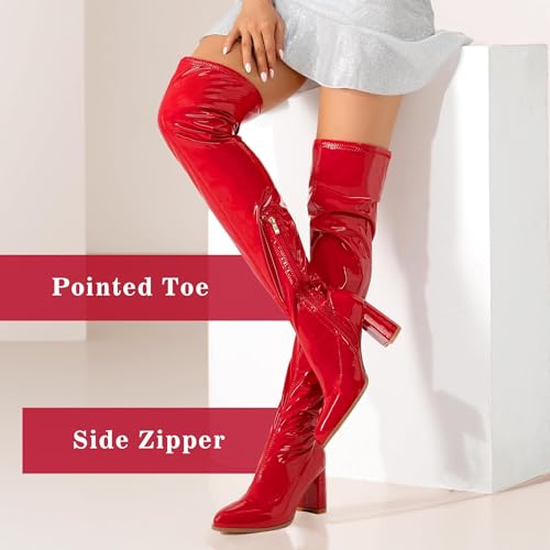 girgod Thigh High Boots for Women Sexy Pointed Toe Over The Knee Boots Cosplay Dance Party Patent Leather Chunky Heels GOGO Knee High Boots2