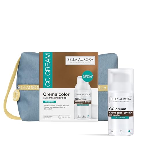 Bella Aurora Pack CC Cream Antimanchas SPF 50+ Oil Control | Crema Facial con Color Adaptativo | Acabado Mate y Sin Brillos | Difumina Imperfecciones | Neceser de Regalo | 30 ml
