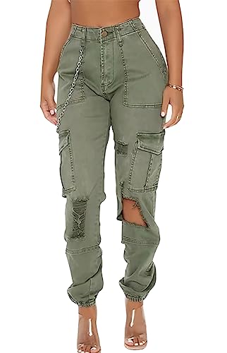 Conshvi Women's High Waisted Ripped Cargo Pants with Flap Pocket Slim Fit Y2K Fashion Jeans Trousers Sweatpants Streetwear