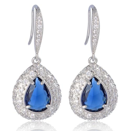 Cinmilada Sterling Silver Blue Sapphire CZ Crystal Dangle Drop Earrings - Wedding Bridal Costume Jewelry for Bride Bridesmaids Party Prom