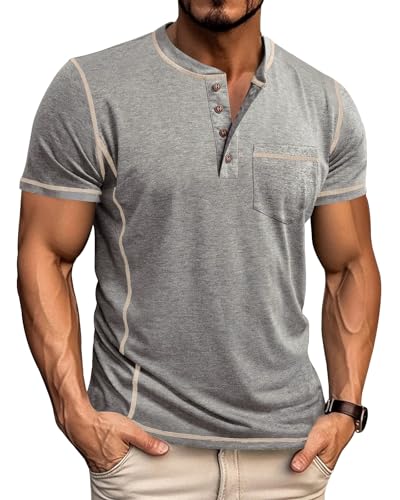Image of LAOARA Men's T-Shirts Henley Tee Shirts for Men Short Sleeve Grandad Summer Button Casual Pocket Tops Grey 3XL