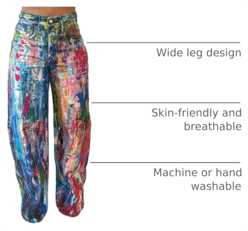 Image of NRTHYE Women High Waisted Graffiti Print Baggy Wide Leg Jeans | Baggy wide leg denim pants,Colorful graffiti graphic print Y2K streetwear denim trousers,Comfy casual denim jeans