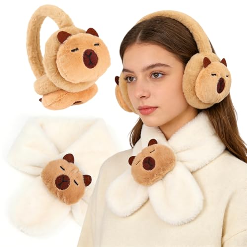 PLNVNVP Capybara Earmuffs Winter Warm Thermal Ear,Cross Neck Fashion Scarf, Winter Warm Plush Ear Headband Outdoor Windproof Cold Weather Headwear for Ski Cycling Camping Running-2pcs