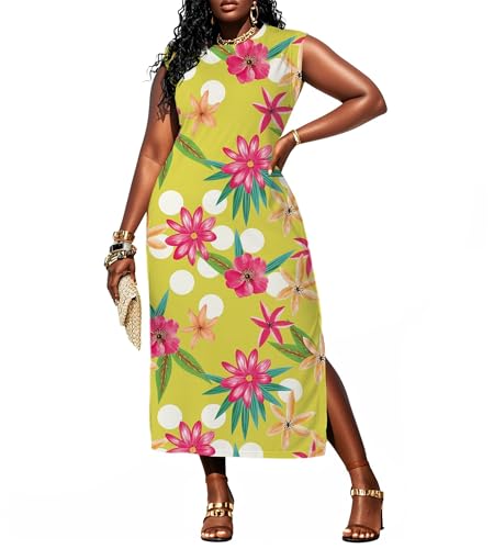Image of UOUA Women Summer Maxi Dresses Plus Size Casual Hawaiian Sundress Sleeveless Loose Split Beach Dress with Pockets