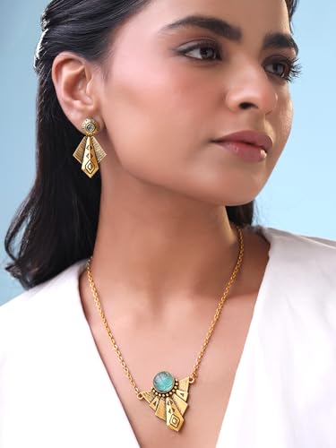 Image of Yellow Chimes Jewellery Set for Women | Gold Plated Chain Necklace Set for Girls | Fashion Golden Studded Stone Jewellery Set | Birthday Anniversary Gift for Women Wife