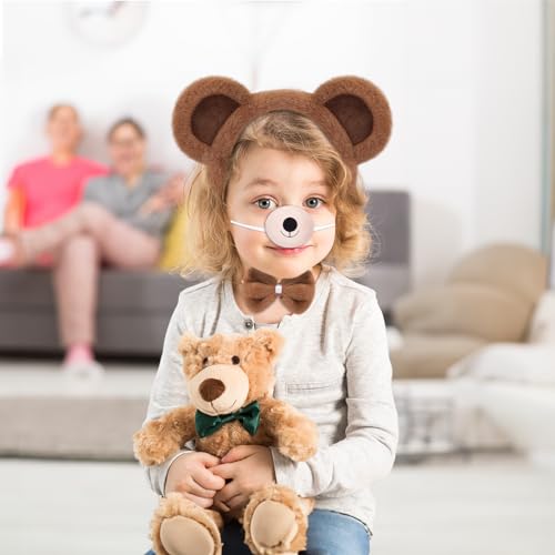 4 PCS Bear Costume Accessories Set Bear Ears Headband And Tail Bear Nose Bowtie Boys Girls Hairband Hair Accessories for 101 Day Christmas Halloween Cosplay Animal Dress up Birthday Party, Brown