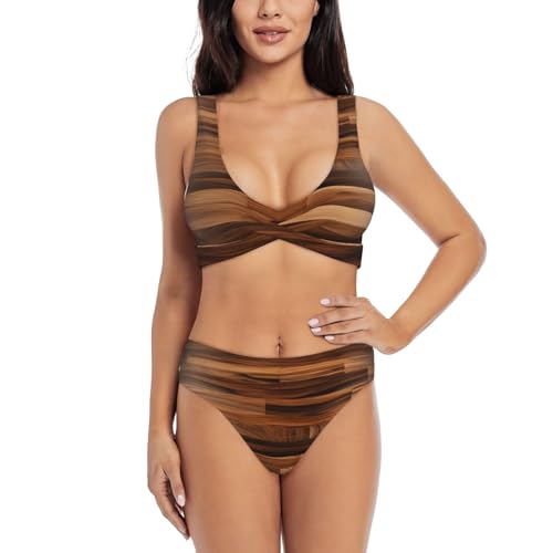 Bikini 2 pièces pour femme haut de gamme au design grain de bois et finitions premium