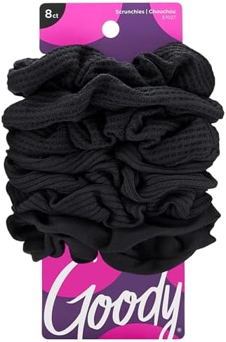 Goody Ouchless Jersey Scrunchies, 8 Ct, Black, Damage-Free, Dentless & Secure Hold Ties, Gentle Hair Accessories for Women & Men, All Day Comfort, All Hair Types