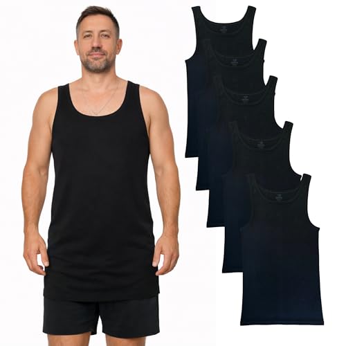 SGS 5er-Pack Herren Unterhemd EXTRA LANG – rutscht Nicht hoch – ideal unter Hemd & Pullover – Nicht kurz geschnitten – 100% Baumwolle(3XL- Schwarz 100% Baumwolle)