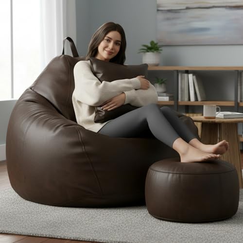 Image of KAM'S LIEU 6XL Luxury Faux Leather Bean Bag with Footrest & Cushion | Pre-Filled High-Density Polystyrene Beans | Premium Leatherette |Teardrop Handle Design | 6 Months Warranty Color- Brown