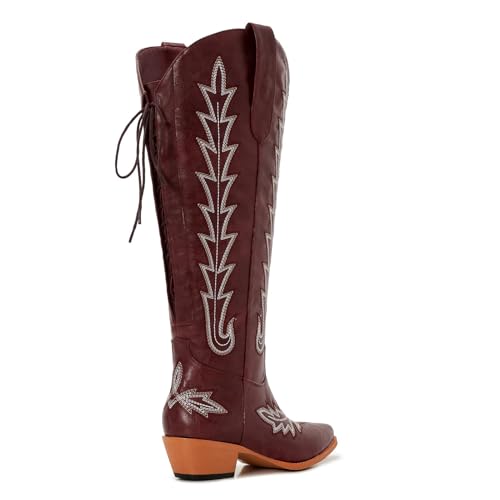 Image of Uillnoodu Wide Calf Cowboy Boots Women Knee High Tall Western Cowgirl Boots Adjustable Lace Up Plus Size Comfortable 2-Inch Heel