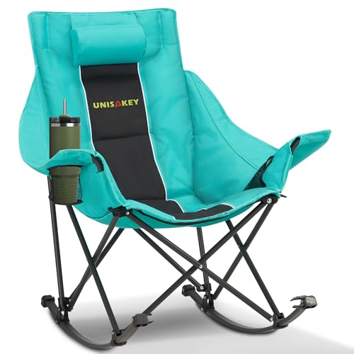 Unisakey Oversized Rocking Camping Chair with Headrest & Cup Holder - 400lbs Capacity, 600D Oxford Fabric, Easy Fold Portable Outdoor Rocker Chair for Camping, Backyard, Beach, Black Green