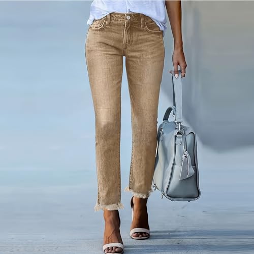 Straight Leg Jeans for Women High Rise Ladies Frayed Hem Boyfriend Jeans Denim Ankle Pants with Pockets2