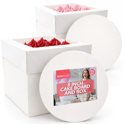 SOL 2 Piece 8 Inch Square Cake Box and Board Set White Tall Cake Packaging with Lid Sturdy Cardboard Cake Carrier for Birthday Wedding Party Bakes Secure Transport Storage