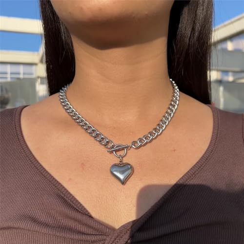 Stainless Steel Puffy Heart Pendant Statement Chunky Toggle Necklace for Women Thick Statement Chain Link Necklaces3
