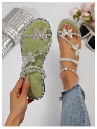 Image of OYOANGLE Women's Silver Rhinestone Sandals Sparkly Dressy Flat Sandals